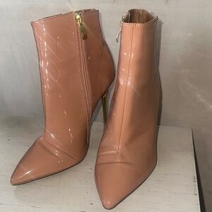 Nude Patent Pointed Toe Ankle Boots